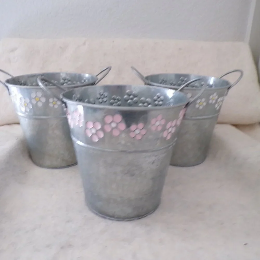 3 Galvanized Metal Pots Handles New Baskets Storage Sand Buckets Decorative